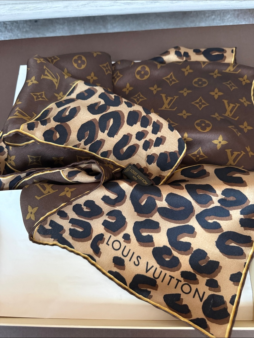 Louis Vuitton Brown & Tan Leopard Monogram Silk Wrap